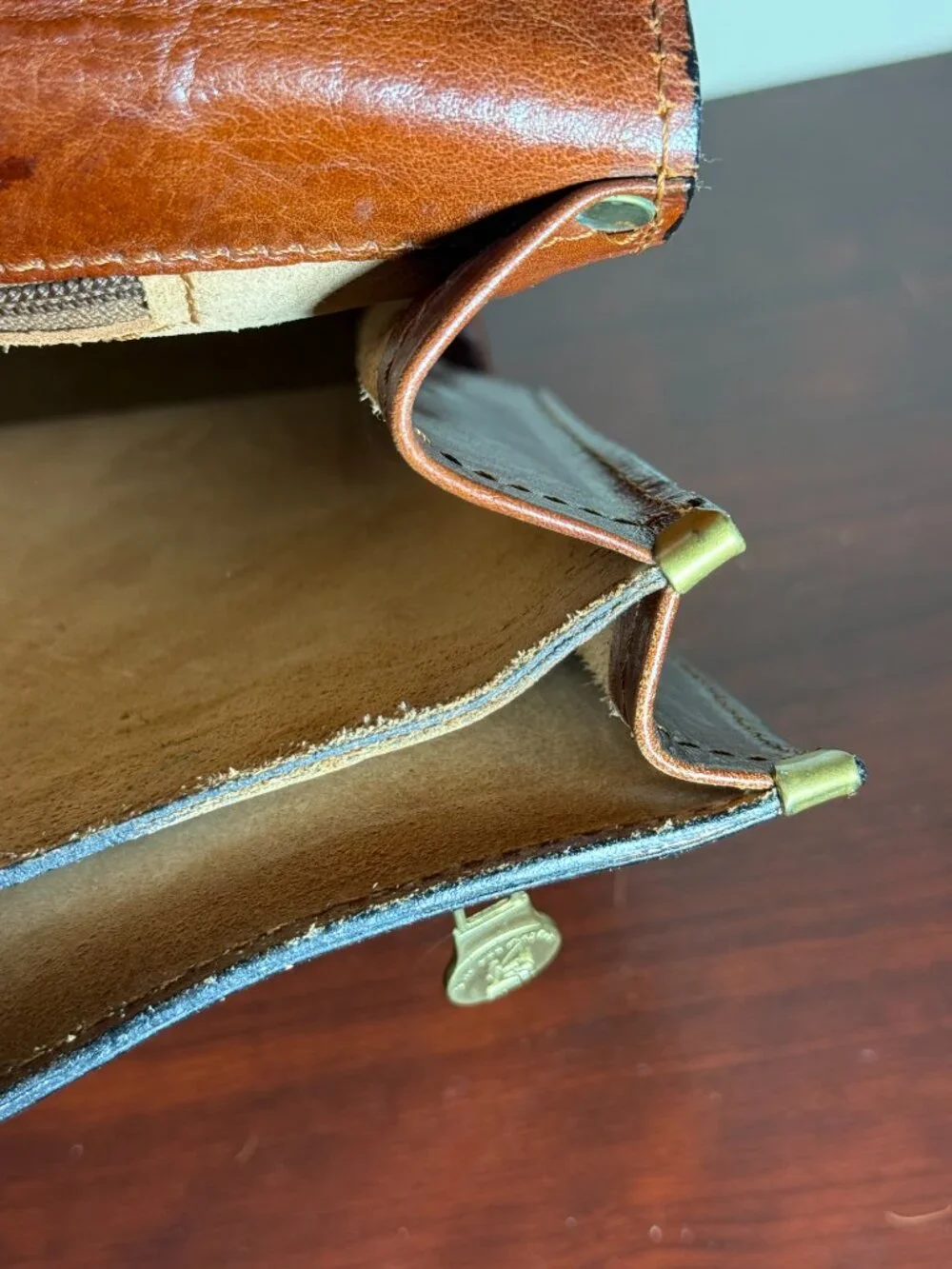 OLD ANGLER Cognac Italian Leather Brown Men's Flap Over Briefcase Made in Italy